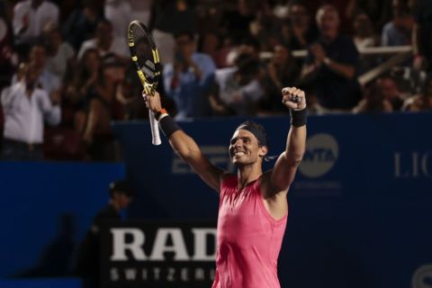 Spain's Rafael Nadal celebrates as he defeats Taylor Fritz of the U.S. in the men's final match at the Mexican Tennis Open in Acapulco, Mexico, Saturday, Feb. 29, 2020.(AP Photo/Rebecca Blackwell)