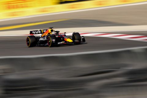 Red Bull driver Max Verstappen of the Netherlands steers his car during the first free practice at the Formula One Bahrain International Circuit in Sakhir, Bahrain, Friday, March 18, 2022. (AP Photo/Hassan Ammar)