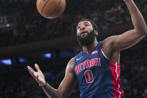 Detroit Pistons center Andre Drummond grabs a rebound during the second half of an NBA basketball game against the New York Knicks, Wednesday, April 10, 2019, at Madison Square Garden in New York. The Pistons won 115-89. (AP Photo/Mary Altaffer)