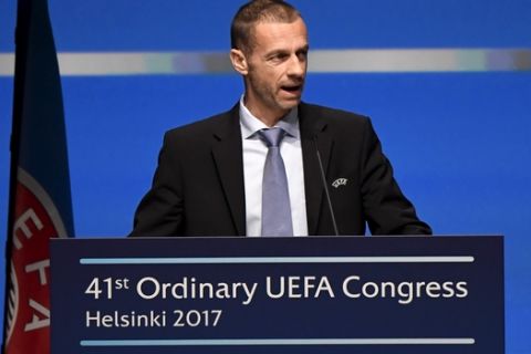 UEFA President Aleksander Ceferin  speaks  during The 41st Ordinary UEFA Congress on Wednesday April  5, 2017  in Helsinki, Finland on Wednesday April  5, 2017. (Markku Ulander/Lehtikuva via AP)