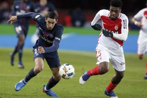 FILE - This is a Sunday, Jan. 29, 2017  file photo of PSG's Angel Di Maria, left, challenges for the ball with Monaco's Jesus Jemerson, during their League One soccer match, at the Parc des Princes stadium, in Paris, France. Monaco has a chance to break Paris Saint-Germain's French hegemony by taking the League Cup off the holders. (AP Photo/Thibault Camus/File)