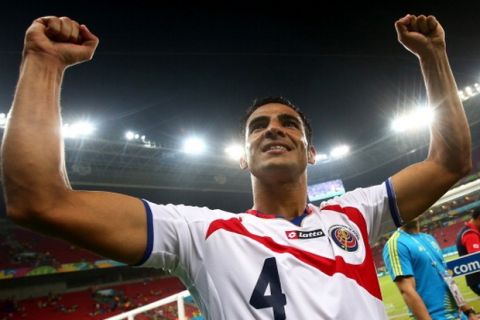 RECIFE, BRAZIL - JUNE 29: Michael Umana of Costa Rica celebrates the win after the 2014 FIFA World Cup Brazil Round of 16 match between Costa Rica and Greece at Arena Pernambuco on June 29, 2014 in Recife, Brazil.  (Photo by Alex Grimm - FIFA/FIFA via Getty Images)