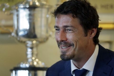 Marat Safin, of Russia, speaks during an interview at the International Tennis Hall of Fame, Saturday, July 16, 2016, in Newport, R.I. prior to his induction. (AP Photo/Elise Amendola)