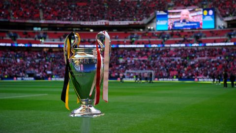 The UEFA Champions League trophy is displayed beside the pitch ahead of the UEFA Champions League final football match between Borussia Dortmund and Bayern Munich at Wembley Stadium in London on May 25, 2013    AFP PHOTO / ADRIAN DENNIS        (Photo credit should read ADRIAN DENNIS/AFP/Getty Images)