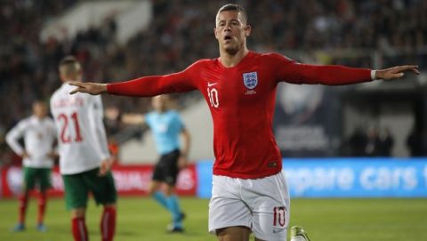 England's Ross Barkley celebrates after scoring his side's third goal during the Euro 2020 group A qualifying soccer match between Bulgaria and England, at the Vasil Levski national stadium, in Sofia, Bulgaria, Monday, Oct. 14, 2019. (AP Photo/Vadim Ghirda)