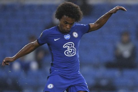 Chelsea's Willian in action during the English Premier League soccer match between Chelsea and Watford at the Stamford Bridge stadium in London, Saturday, July 4, 2020. (Mike Hewitt/Pool via AP)