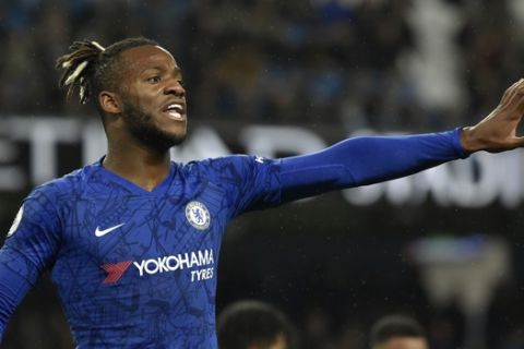 Chelsea's Michy Batshuayi during the English Premier League soccer match between Manchester City and Chelsea at Etihad stadium in Manchester, England, Saturday, Nov. 23, 2019. (AP Photo/Rui Vieira)