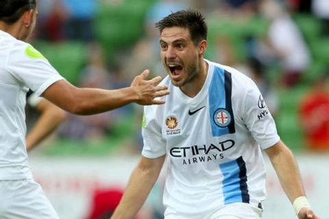 MELBOURNE, AUSTRALIA - OCTOBER 25:  Bruno Fornaroli of City is congratulated by David Williams after scoring a goal during the round three A-League match between Melbourne City FC and the Central Coast Mariners at AAMI Park on October 25, 2015 in Melbourne, Australia.  (Photo by Quinn Rooney/Getty Images)