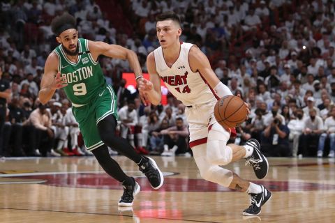 May 23, 2022: Miami Heat guard Tyler Herro drives the ball against Boston Celtics forward Derrick White during the first half of Game 1 of his Eastern Conference final playoff game at FTX Arena on Tuesday, May 17, 2022 in Miami. - ZUMAm67_ 20220523_zaf_m67_003 Copyright: xJohnxMccallx 