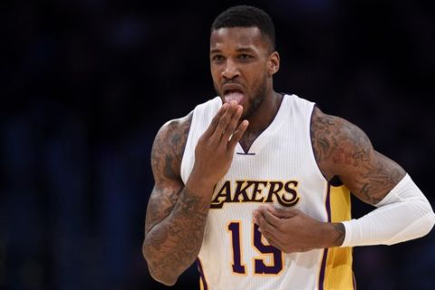 Los Angeles Lakers forward Thomas Robinson in action during the first half of an NBA basketball game against the Toronto Raptors in Los Angeles, Sunday, Jan. 1, 2017. (AP Photo/Kelvin Kuo)