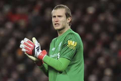 Liverpool's Loris Karius during the English Premier League soccer match between Liverpool and Tottenham Hotspur at Anfield in Liverpool, England, Sunday, Feb. 4, 2018. (AP Photo/Rui Vieira)