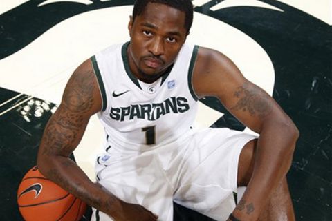 Michigan State senior guard Kalin Lucas poses during the NCAA college basketball team's basketball media day Tuesday, Oct. 12, 2010, in East Lansing, Mich. (AP Photo/Al Goldis)