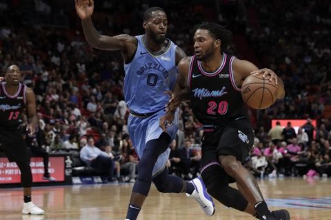 Miami Heat forward Justise Winslow dribbles the ball against Memphis Grizzlies forward JaMychal Green in the second half of an NBA basketball game Saturday, Jan. 12, 2019, in Miami. (AP Photo/Brynn Anderson)
