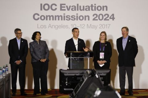 Los Angeles Mayor Eric Garcetti, center, speaks as he is joined by LA 2024 Chairman Casey Wasserman, from left, International Olympic Committee members Anita DeFrantz, Angela Ruggiero and U.S. Olympic Committee President Larry Probst at an evaluation session with the IOC's Evaluation Commission Wednesday, May 10, 2017, in Los Angeles. (AP Photo/Jae C. Hong)