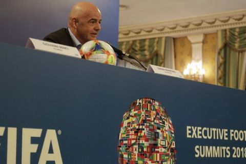 FIFA President Gianni Infantino meets the journalists during a press conference at the end of an executive committee meeting in Rome, Wednesday, Feb. 27, 2019. (AP Photo/Gregorio Borgia)