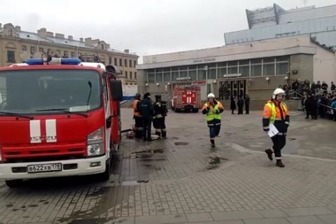 In this image taken from video footage, emergency services work outside Sennaya Square metro station in St Petersburg, Russia, Monday, April 3, 2017.  At least 10 people were killed Monday in an explosion on the subway in St. Petersburg, Russian news agencies reported. (AP Photo)