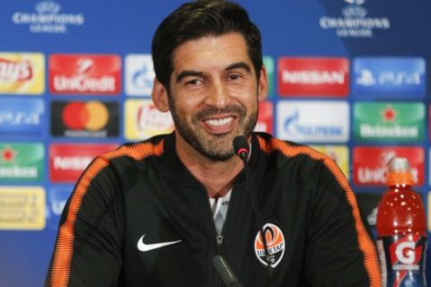Head coach of FC Shakhtar Donetsk, Paulo Fonseca of Portugal, attends a press conference in Kharkiv, Ukraine, Tuesday, Sept. 12, 2017. Napoli will play against Shakhtar Donetsk in a Champions League Group F soccer match on Wednesday in Kharkiv. (AP Photo/Efrem Lukatsky)