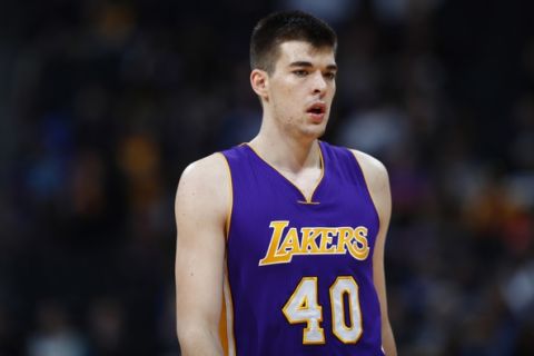 Los Angeles Lakers center Ivica Zubac (40) in the second half of an NBA basketball game Monday, March 13, 2017, in Denver. The Nuggets won 129-101. (AP Photo/David Zalubowski)
