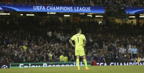 Juventus goalkeeper Gianluigi Buffon stands at the end of the Champions League final soccer match between Juventus and Real Madrid at the Millennium Stadium in Cardiff, Wales, Saturday June 3, 2017. Real Madrid won 4-1. (AP Photo/Tim Ireland)
