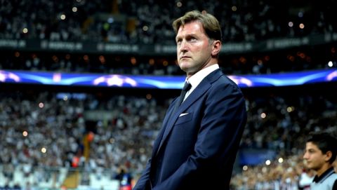 Leipzig head coach Ralph Hasenhuttl watches the game during the Champions League group G soccer match between Besiktas and RB Leipzig at the Vodafone Park Stadium in Istanbul, Tuesday, Sept. 26, 2017. (AP Photo)