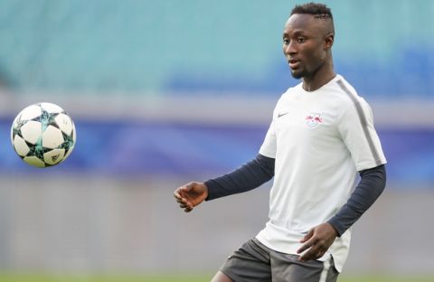 RB Leipzig's Naby Deco Keita attends a practice session of the squad in Leipzig, Germany, Monday, Oct. 16, 2017. RB Leipzig will face FC Porto in a group G Champions League soccer match on Tuesday. (Jan Woitas/dpa via AP)
