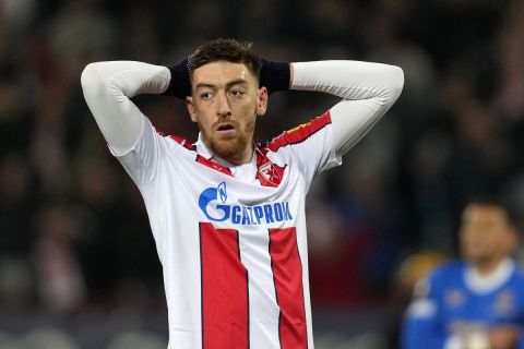 Red Star's Milan Pavkov reacts after missing a chance to score during the Europa League, round of 16, second leg soccer match between Red Star and Rangers at the Rajko Mitic Stadium in Belgrade, Serbia, Thursday, March 17, 2022. (AP Photo/Darko Vojinovic)