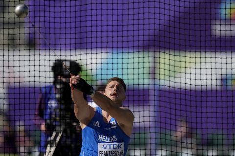 Christos Frantzeskakis, of Greece, competes during qualifying for the men's hammer throw at the World Athletics Championships Friday, July 15, 2022, in Eugene, Ore. (AP Photo/David J. Phillip)