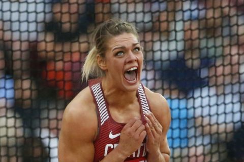 Croatia's Sandra Perkovic shouts after an attempt during the women's discus final during the World Athletics Championships in London Sunday, Aug. 13, 2017. (AP Photo/Matt Dunham)
