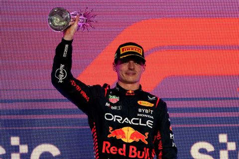 Red Bull driver Max Verstappen of the Netherlands celebrates after finishing second in the Saudi Arabia Formula One Grand Prix at the Jeddah corniche circuit in Jeddah, Saudi Arabia, Sunday, March 19, 2023. (AP Photo/Hassan Ammar)