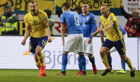 Sweden's Jakob Johansson celebrates after scoring his side's first goal during the World Cup qualifying play-off first leg soccer match between Sweden and Italy, at the Friends Arena in Stockholm, Friday, Nov. 10, 2017. (AP Photo/Frank Augstein)