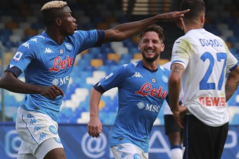 Napoli's Victor Osimhen celebrates after scoring his side's fourth goal during the Serie A soccer match between Napoli and Atalanta at the San Polo Stadium in Naples, Italy, Saturday, Oct. 17, 2020. (Alessandro Garofalo/LaPresse via AP)