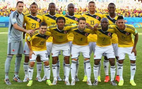 CUIABA, BRAZIL - JUNE 24:  Colombia players pose for a team photo prior to the 2014 FIFA World Cup Brazil Group C match between Japan and Colombia at Arena Pantanal on June 24, 2014 in Cuiaba, Brazil.  (Photo by Mark Kolbe/Getty Images)
