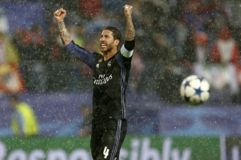 Real Madrid's Sergio Ramos celebrates after the Champions League semifinal second leg soccer match between Atletico Madrid and Real Madrid at the Vicente Calderon stadium in Madrid, Spain, Wednesday, May 10, 2017. (AP Photo/Francisco Seco)