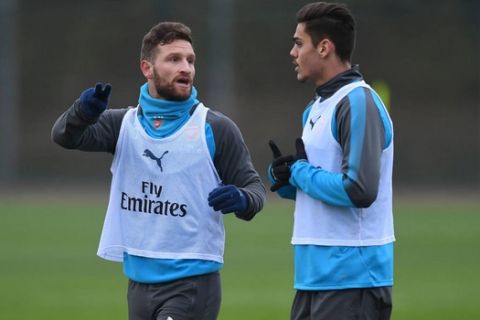 ST ALBANS, ENGLAND - JANUARY 09:  (L-R) Shkodran Mustafi and Konstantinos Mavropano of Arsenal during a training session at London Colney on January 9, 2018 in St Albans, England.  (Photo by Stuart MacFarlane/Arsenal FC via Getty Images) *** Local Caption *** Shkodram Mustafi;Konstantinos Mavropano