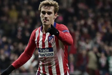 Atletico forward Antoine Griezmann after scoring his side's second goal during a Group A Champions League soccer match between Atletico Madrid and Monaco at the Metropolitano stadium in Madrid, Wednesday, Nov. 28, 2018. (AP Photo/Manu Fernandez)