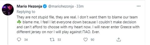 Το tweet του Μάριο Χεζονια