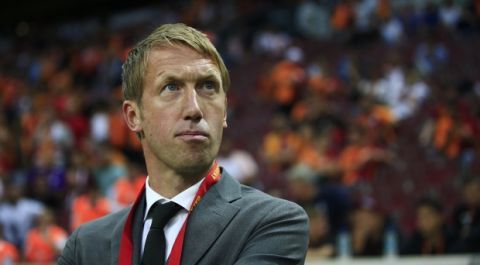 Ostersund's manager Graham Potter waits before an UEFA Europa League second qualifying round, soccer match against Galatasaray, in Istanbul, Thursday, July 20, 2017.(AP Photo/Lefteris Pitarakis)