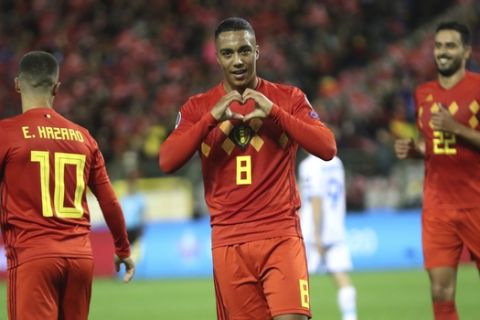 Belgium's Youri Tielemans jubilates after scoring his sides sixth goal during the Euro 2020 group I qualifying soccer match between Belgium and San Marino at the King Baudouin Stadium in Brussels, Thursday, Oct. 10, 2019. (AP Photo/Francisco Seco)