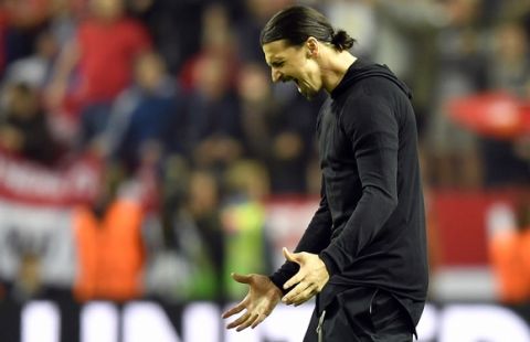 United's Zlatan Ibrahimovic celebrates at the end of the soccer Europa League final between Ajax Amsterdam and Manchester United at the Friends Arena in Stockholm, Sweden, Wednesday, May 24, 2017. (AP Photo/Martin Meissner)