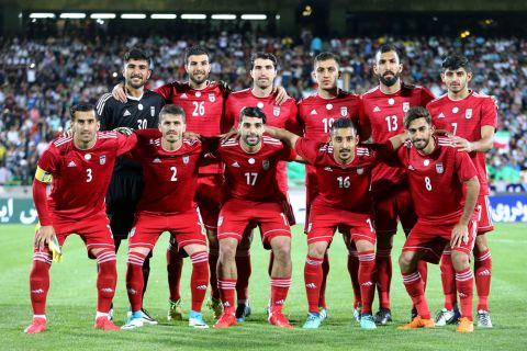 Iran's team poses for a team photo prior the international friendly soccer match between Iran and Uzbekistan at the Azadi Stadium in Tehran, Iran, Saturday, May 19, 2018. (AP Photo/Ebrahim Noroozi)