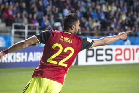 Belgium's Nacer Chadli gestures celebrating a goal during the World Cup Group H qualifying match between Estonia and Belgium at the A. Le Coq Arena in Tallinn, Estonia, Friday, June 9, 2017. (AP Photo/Marko Mumm)