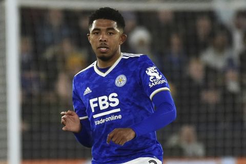 Leicester's Wesley Fofana during the Europa Conference League quarter final match between Leicester City and PSV Eindhoven at the King Power Stadium in Leicester, England, Thursday, April 7, 2022. (AP Photo/Rui Vieira)
