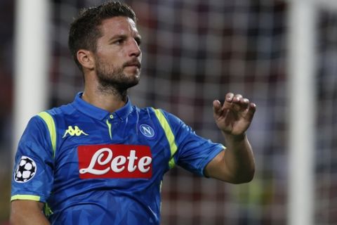 Napoli forward Dries Mertens salutes supporters after the Champions League group C soccer match between Red Star and Napoli, in Belgrade, Serbia, Tuesday, Sept. 18, 2018. (AP Photo/Darko Vojinovic)