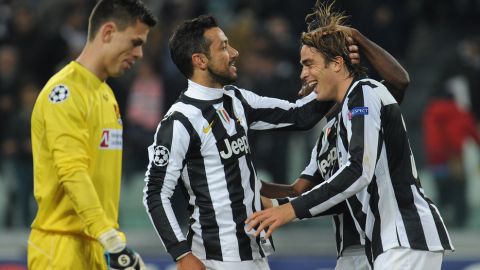 TURIN, ITALY - NOVEMBER 07:  Fabio Quagliarella (L) of Juventus FC celebrates his goal with team-mate Alessandro Matri during the UEFA Champions League Group E match between Juventus FC and FC Nordsjaelland at Juventus Arena on November 7, 2012 in Turin, Italy.  (Photo by Valerio Pennicino/Getty Images)