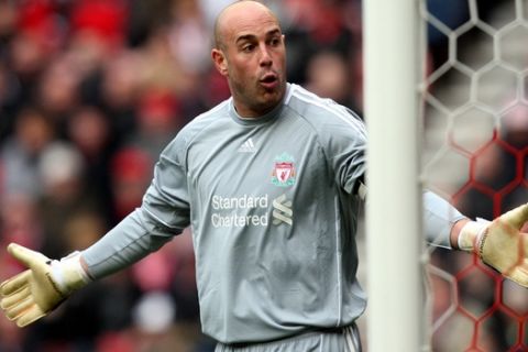 Liverpool's goalkeeper Pepe Reina is seen during their English Premier League soccer match against Sunderland at the Stadium of Light, Sunderland, England, Saturday, March 10, 2012. (AP Photo/Scott Heppell)