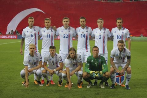 FILE - In this Friday, Oct. 6, 2017 filer players of Iceland's national squad pose for photographs prior to the World Cup Group I qualifying soccer match between Turkey and Iceland in Eskisehir, Turkey. (AP Photo, File)