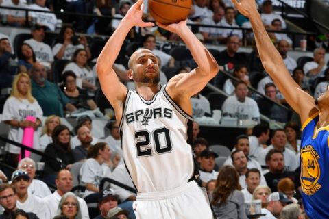 SAN ANTONIO, TX - MAY 20: Manu Ginobili #20 of the San Antonio Spurs shoots the ball during the game against the Golden State Warriors during Game Three of the Western Conference Finals of the 2017 NBA Playoffs on May 20, 2017 at the AT&T Center in San Antonio, Texas. NOTE TO USER: User expressly acknowledges and agrees that, by downloading and or using this photograph, user is consenting to the terms and conditions of the Getty Images License Agreement. Mandatory Copyright Notice: Copyright 2017 NBAE (Photos by Jesse D. Garrabrant/NBAE via Getty Images)