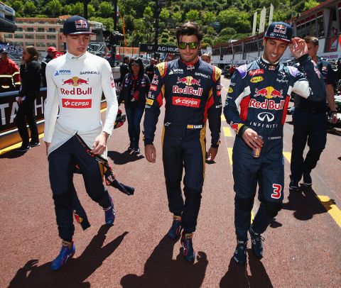 MONTE-CARLO, MONACO - MAY 22:  (L-R) Max Verstappen of Netherlands and Scuderia Toro Rosso, Carlos Sainz of Spain and Scuderia Toro Rosso and Daniel Ricciardo of Australia and Infiniti Red Bull Racing prepare to take part in a Renault Sport RS 01 demonstration run during previews to the Monaco Formula One Grand Prix at Circuit de Monaco on May 22, 2015 in Monte-Carlo, Monaco.  (Photo by Mark Thompson/Getty Images)