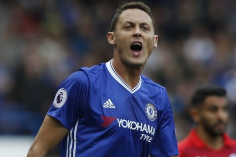 Chelseas Nemanja Matic shouts to his teammates during the English Premier League soccer match between Chelsea and Leicester City, at Stamford Bridge stadium in London, Saturday, Oct. 15, 2016. (AP Photo/Alastair Grant)

