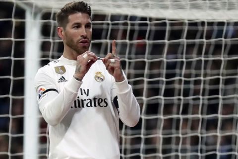 Real Madrid's Sergio Ramos celebrates after scoring a penalty during a Spanish Copa del Rey soccer match between Real Madrid and Leganes at the Bernabeu stadium in Madrid, Spain, Wednesday, Jan. 9, 2019. (AP Photo/Manu Fernandez)